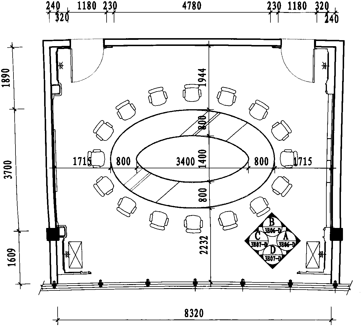 三层小会议室平面布置图 1:100